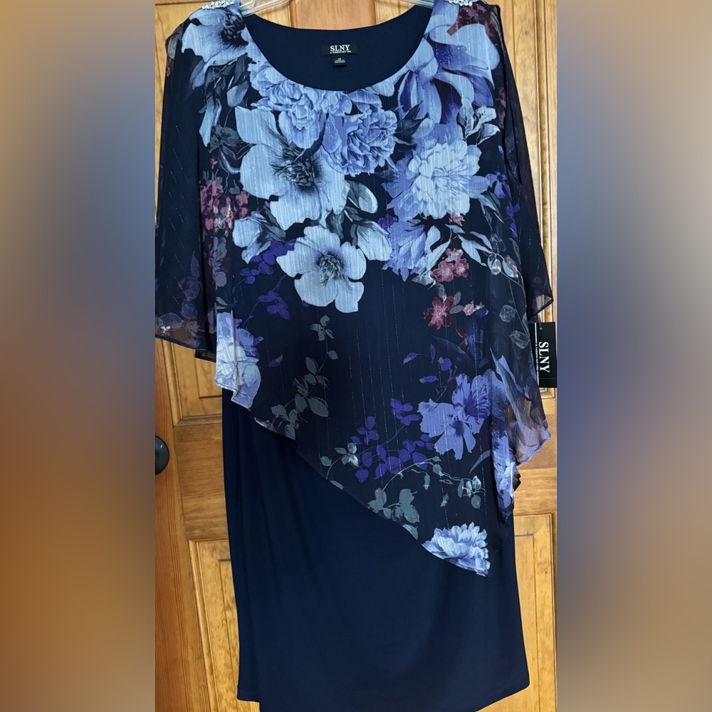 S.L.N.Y. Women's Sleeveless Lurex Caplet Chiffon Overlay Dress (Size 14)